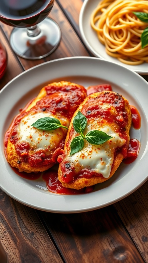 Crispy Chicken Parmesan with melted mozzarella, marinara sauce, and fresh basil, served with spaghetti.